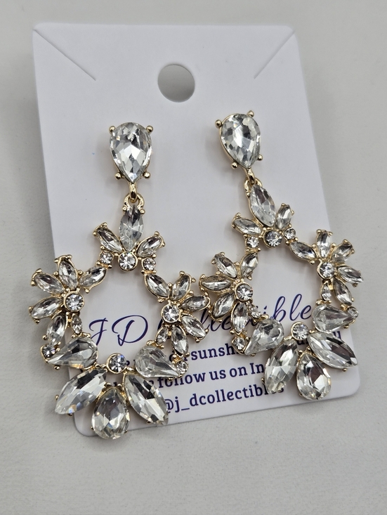 Swarovski Crystal Elements Gold Drop Hoop Earrings 2 inch Floral Wedding Prom - Picture 4 of 6